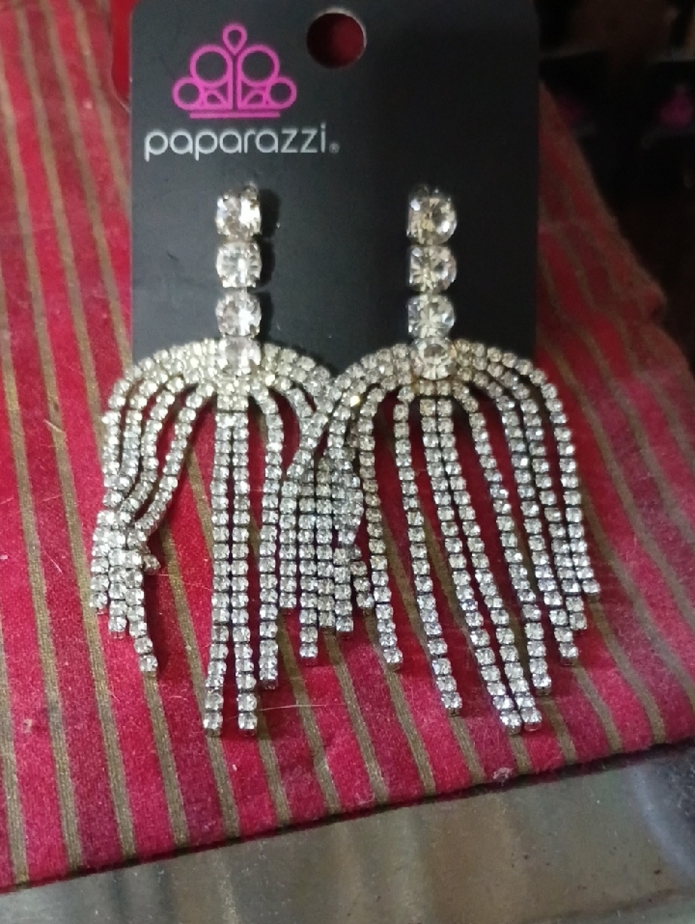 paparazzi Silver Rhinestone Fringe Dangle Earrings